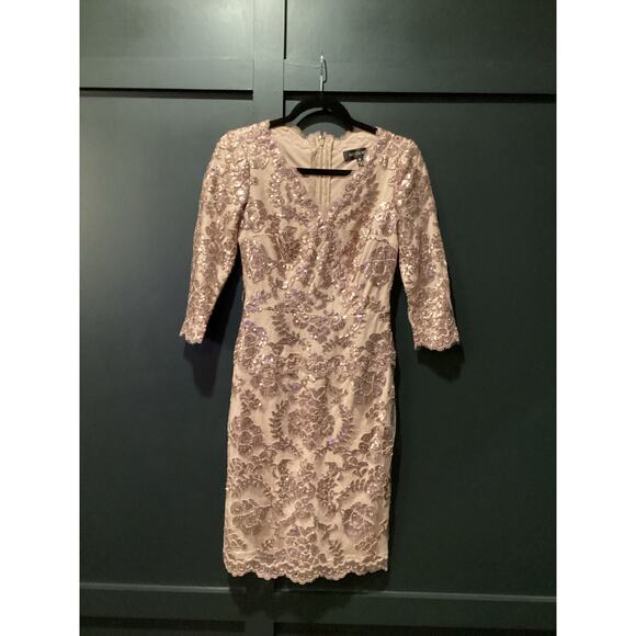 Tadashi Shoji Lace 3/4 Sleeve V-Neck Paillette Sequin Embroidered midi Dress - Picture 3 of 12